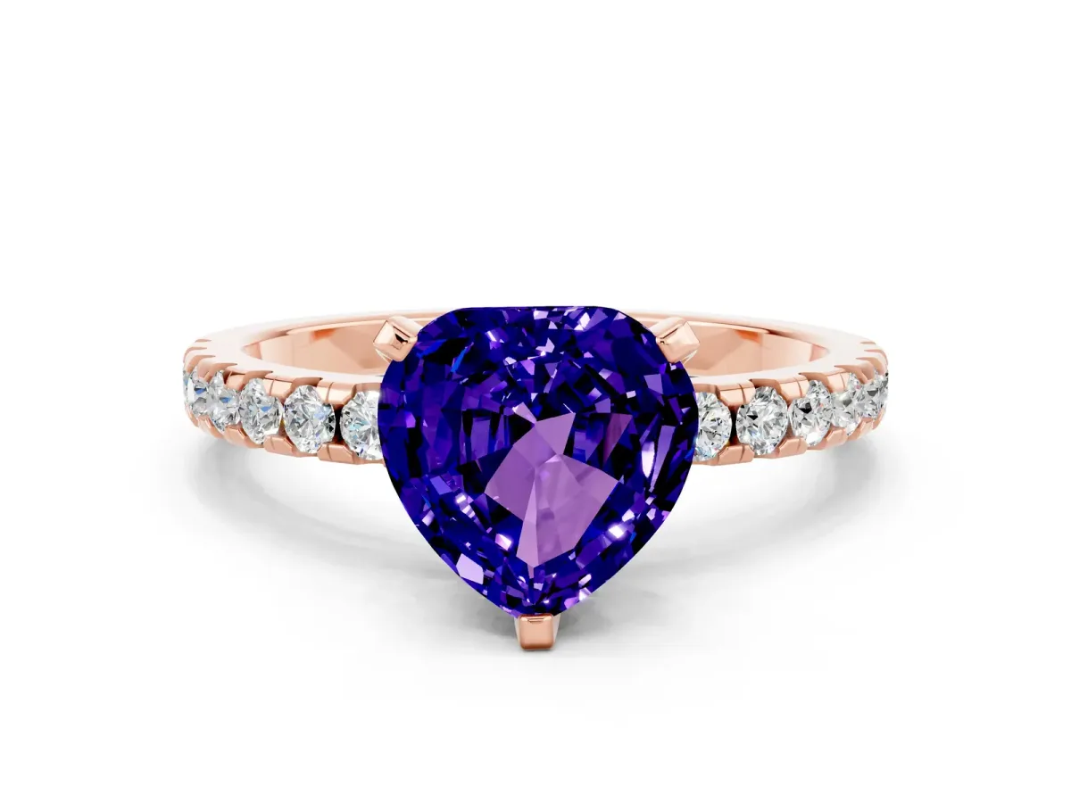 Heart Cut Tanzanite Solitaire Ring with Round Pavé Band and Four-Prong Setting Rose gold
