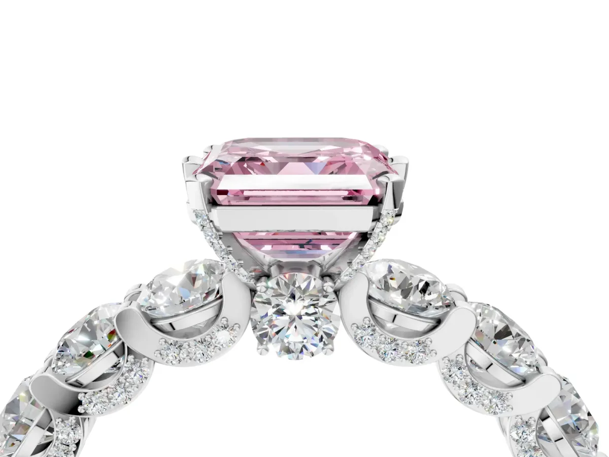 Fancy Pink Asscher Cut Diamond Side Stone Engagement Ring with Four-Prong Setting Platinum