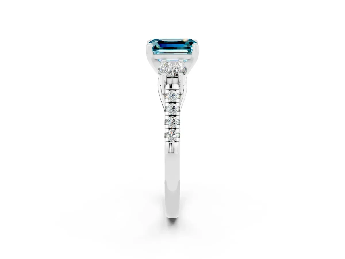 Three-Stone Emerald Cut Blue Topaz Pavé Band with Four-Prong Setting Silver