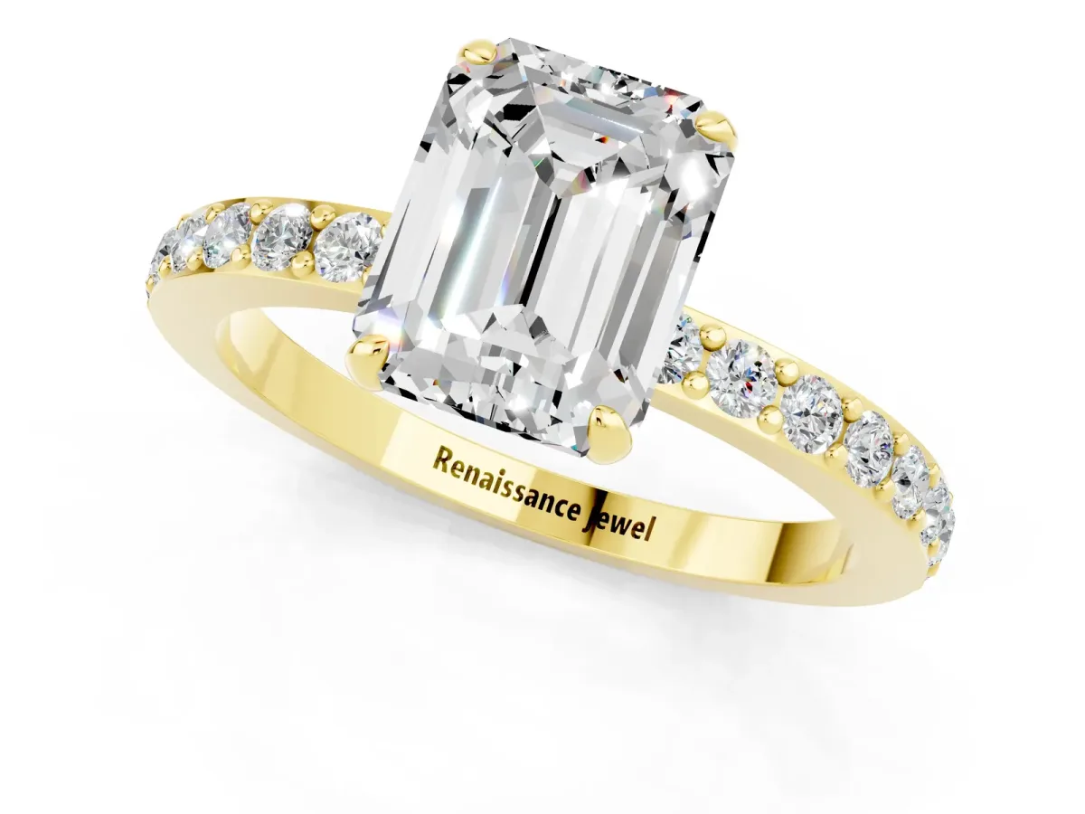 Emerald Cut Moissanite Solitaire Engagement Ring with Pavé Band and Four-Prong Setting Yellow gold