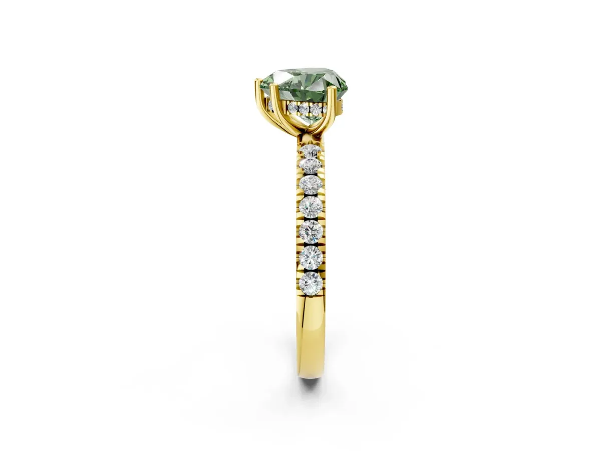 Fancy Green Heart Cut Diamond Pave Band Solitaire Ring with Round and Prong Setting Yellow gold