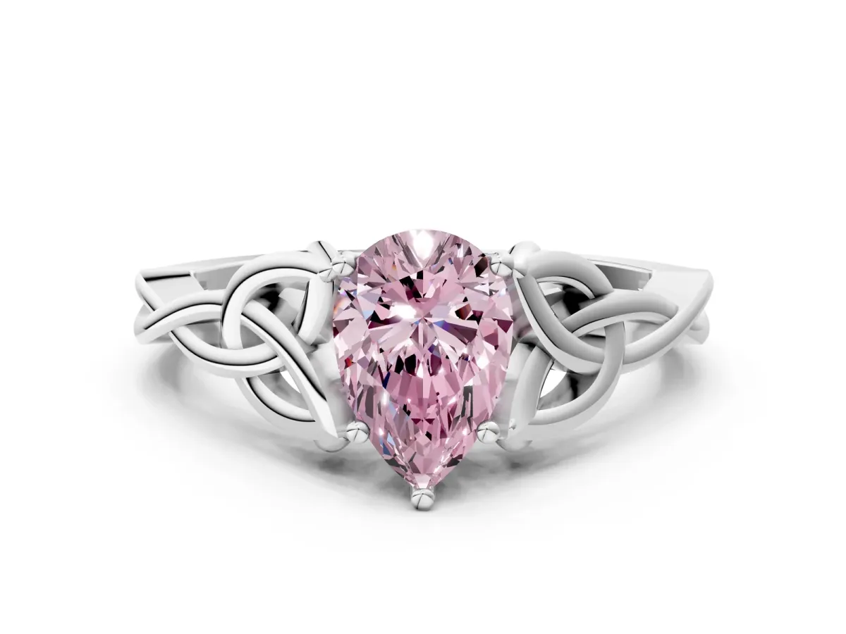 Fancy Pink Pear Cut Diamond Solitaire Celtic Knot Ring with Four-Prong Setting White gold