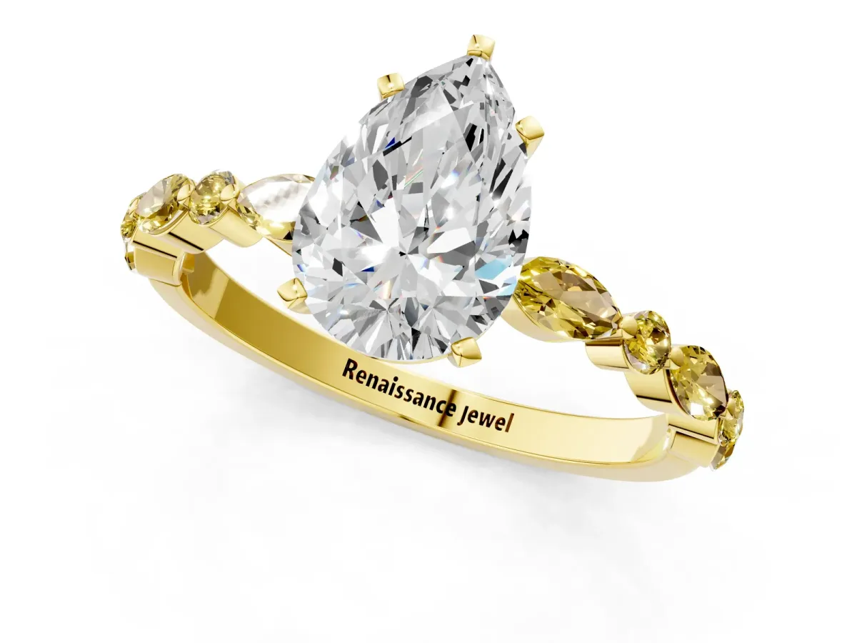 Pear Cut Diamond Ring with Marquise and Round Yellow Sapphire Side Stones and Four-Prong Setting Yellow gold