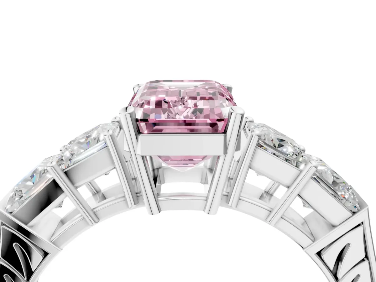 Fancy Pink Emerald Cut Solitaire Princess Side Stone Engraved Band Prong Setting Ring Silver