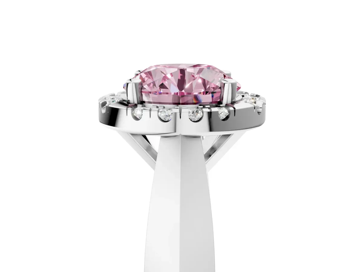 Fancy Pink Round Cut Cut Halo Solitaire Engagement Ring with Square Band and Four-Prong Setting White gold