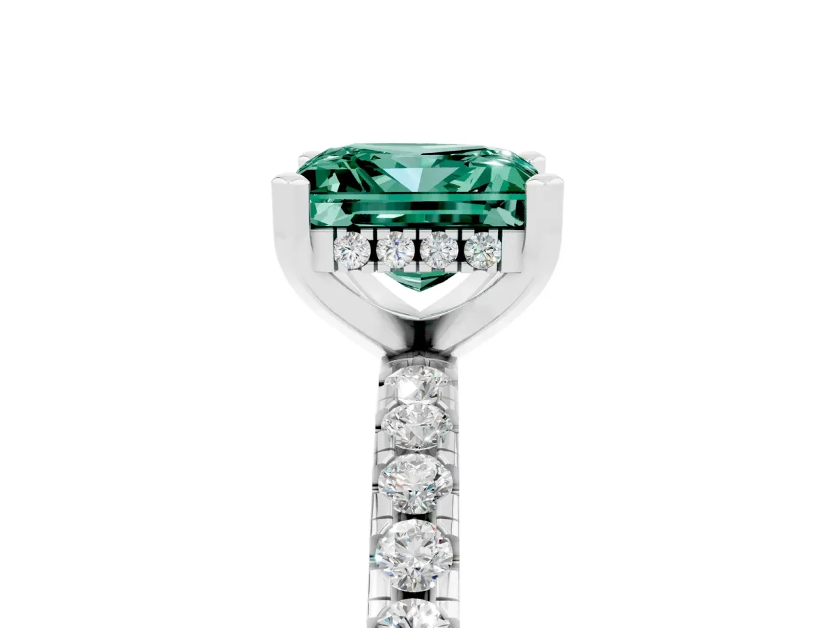 Princess Cut Green Sapphire Solitaire Ring with Round Pavé Band and Four-Prong Setting White gold