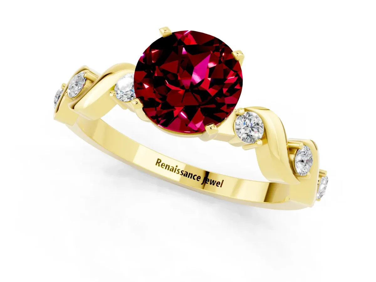 Round Cut Garnet Solitaire Twisted Band with Round Accents and Prong Setting Yellow gold