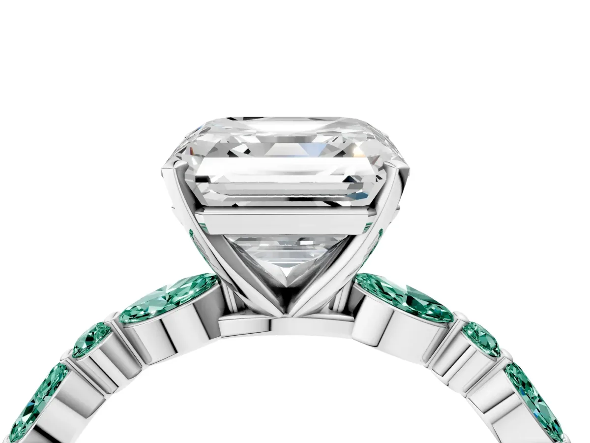 Asscher Cut Diamond Ring with Marquise and Round Green Sapphire Side Stones and Four-Prong Setting White gold