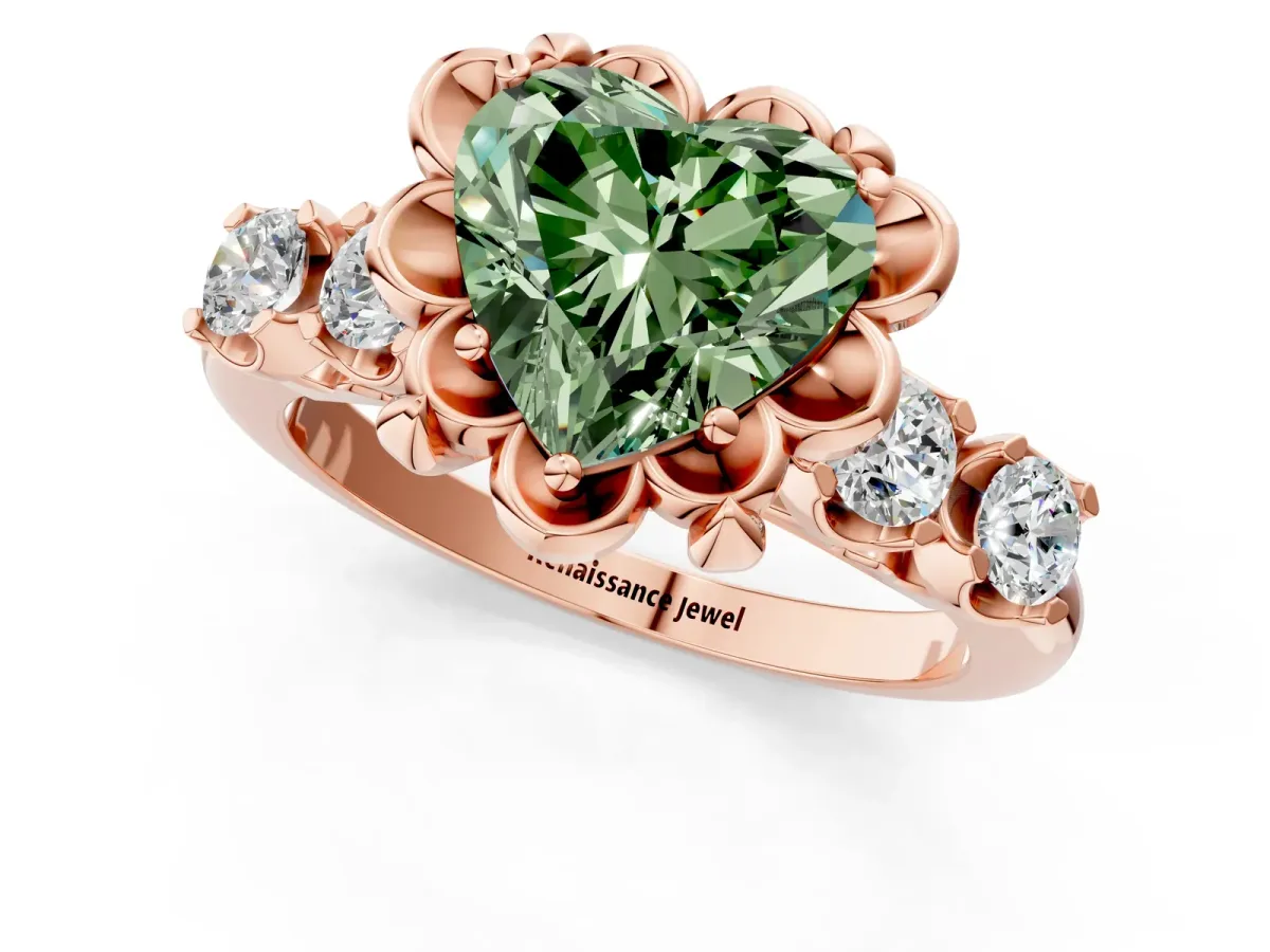 Fancy Green Heart Cut Cut Diamond Floral Halo Engagement Ring with Shared Prong Setting Rose gold