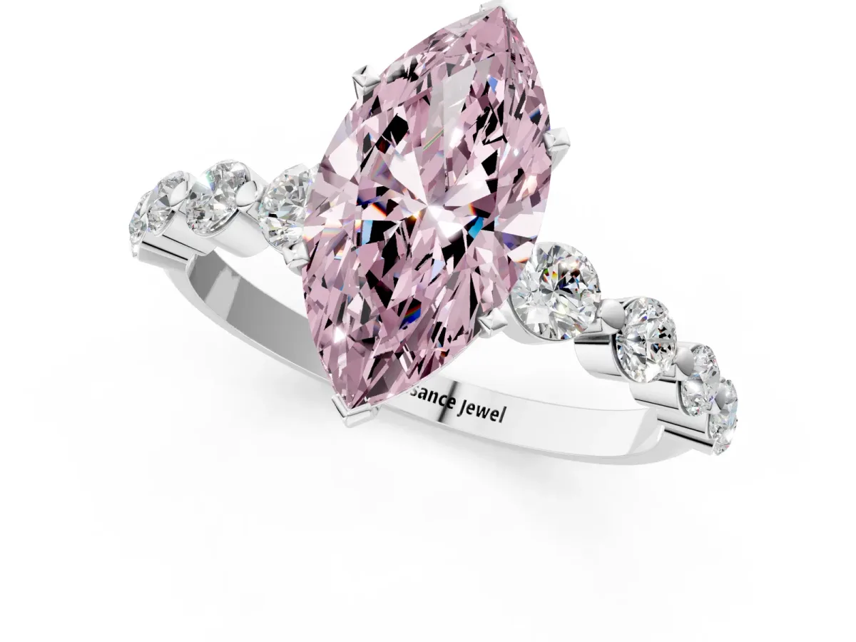 Fancy Pink Marquise Cut Solitaire Diamond Ring with Pave Band and Four-Prong Setting Silver