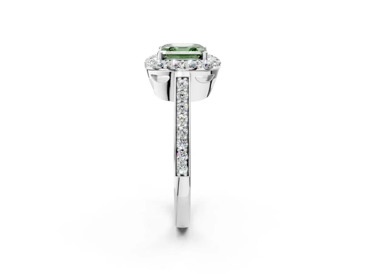 Fancy Green Asscher Cut Diamond Floral Halo Ring with Pavé Band and Prong Setting Platinum