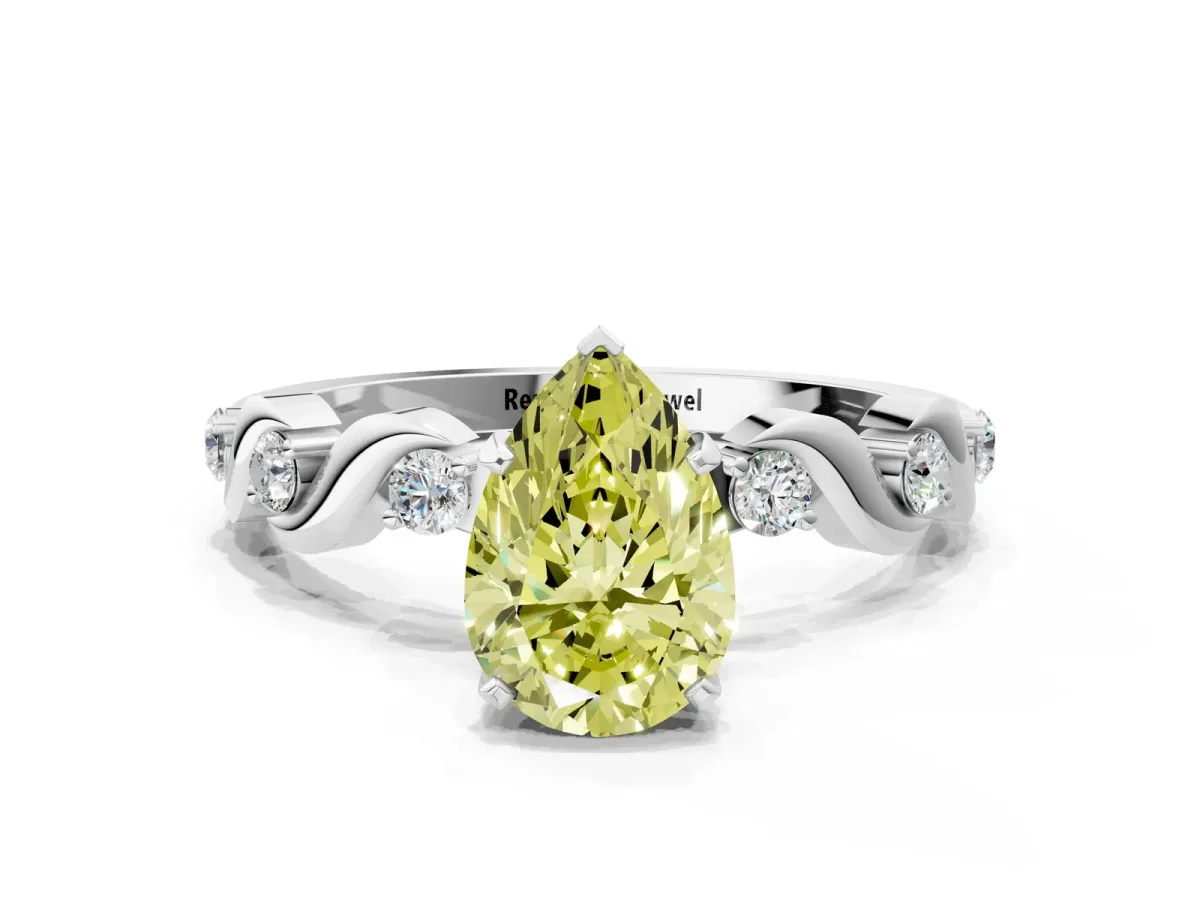 Fancy Yellow Pear Cut Diamond Solitaire Twisted Band with Round Accents and Prong Setting White gold