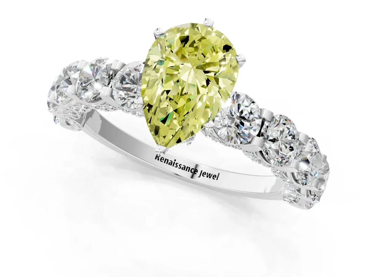 Fancy Yellow Pear Cut Diamond Side Stone Engagement Ring with Four-Prong Setting Platinum