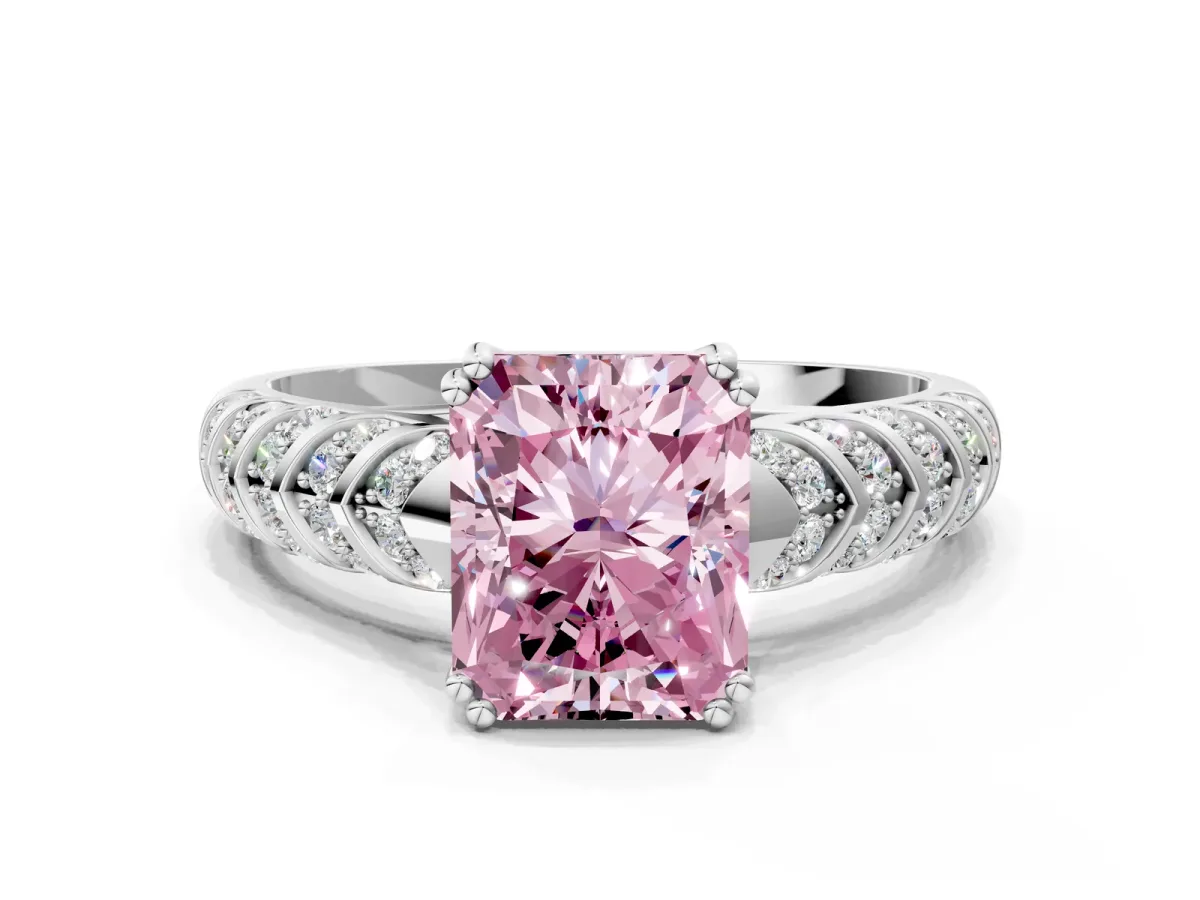 Fancy Pink Radiant Cut Solitaire Chevron Pave Diamond Engagement Ring with Six-Prong Setting Platinum