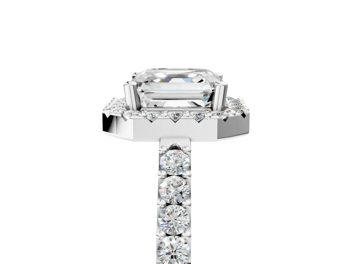 Asscher Cut Halo Diamond Pavé Solitaire Ring Silver