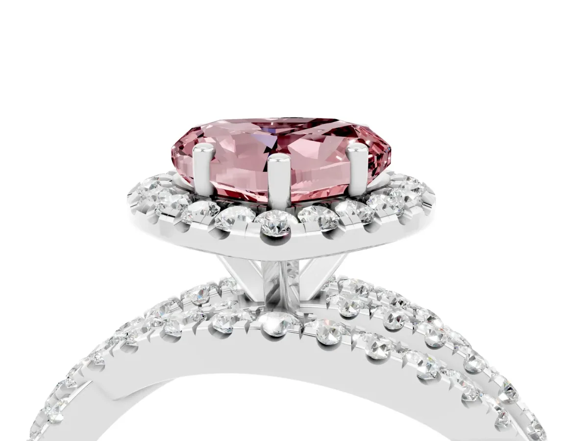 Heart Cut Morganite Halo Ring with Round Split Shank and Prong Setting Platinum