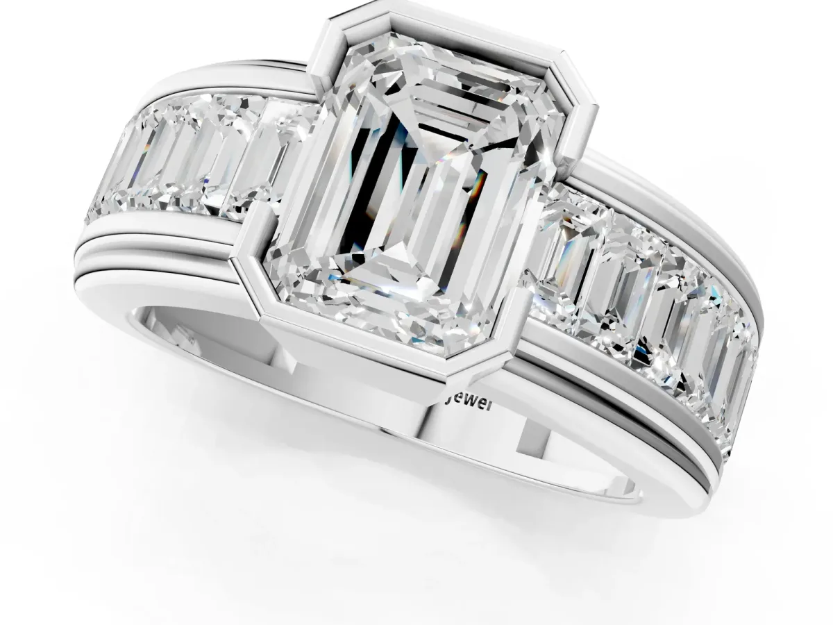 Emerald Cut Diamond Side Stone Engagement Ring White gold
