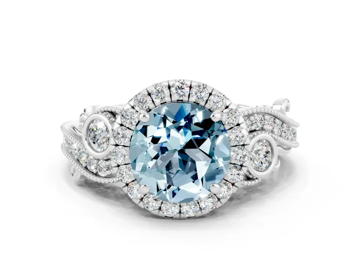 Round Cut Aquamarine Halo Ring with Milgrain Pavé Band and Four-Prong Setting Platinum
