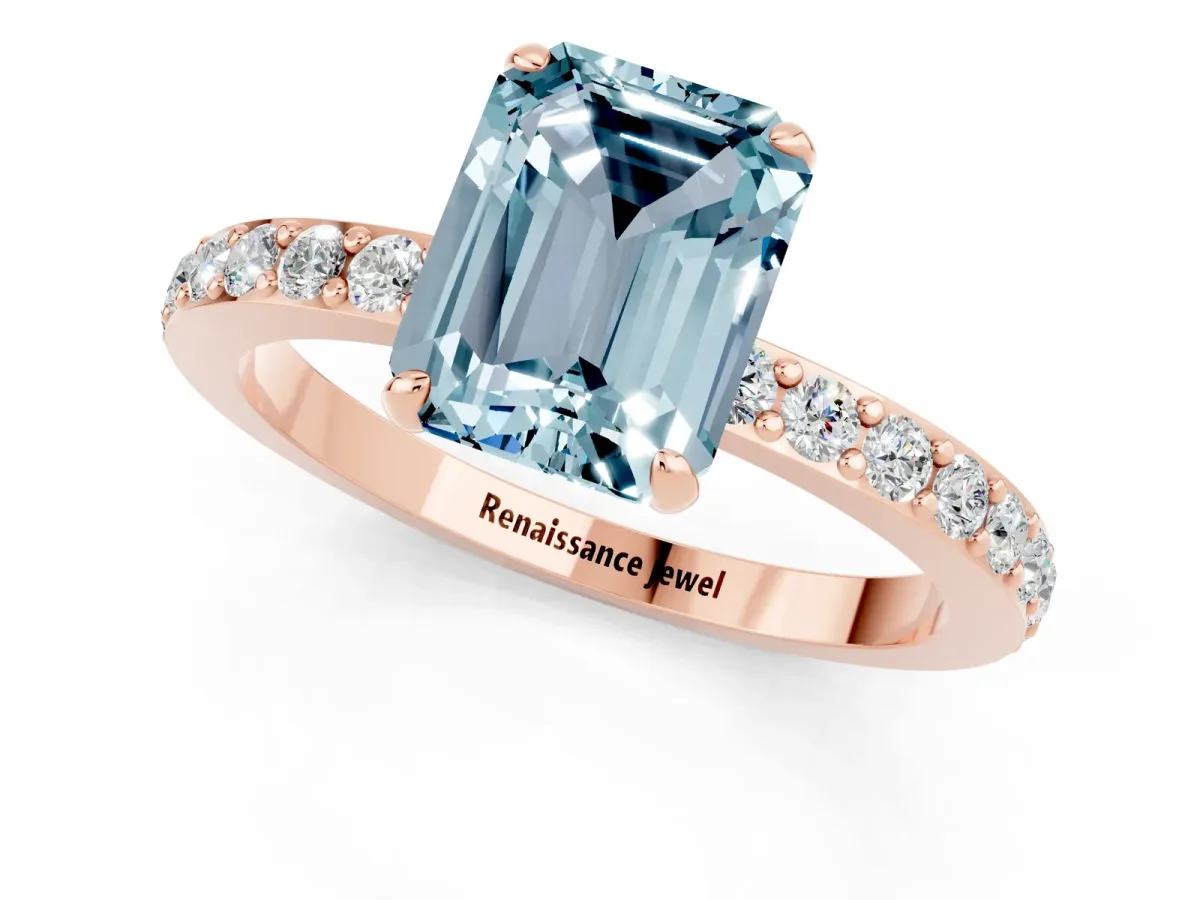 Emerald Cut Aquamarine Solitaire Engagement Ring with Pavé Band and Four-Prong Setting Rose gold