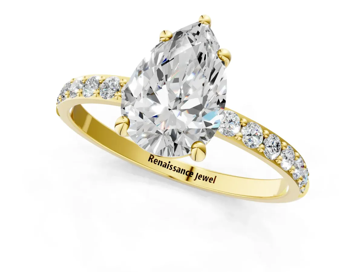Pear Cut Diamond Solitaire Ring with Round Moissanite Pavé Band and Prong Setting Yellow gold