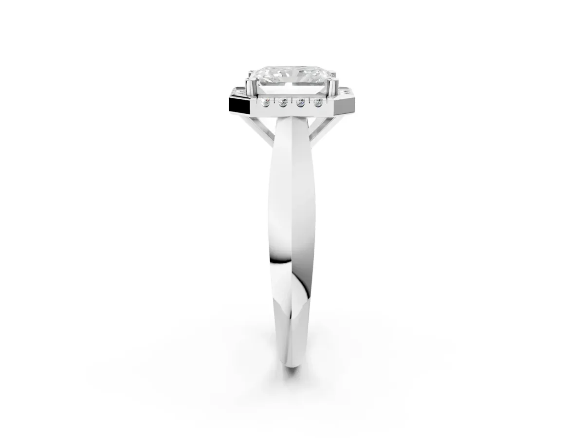 Radiant Cut Cut Halo Solitaire Engagement Ring with Square Band and Four-Prong Setting White gold