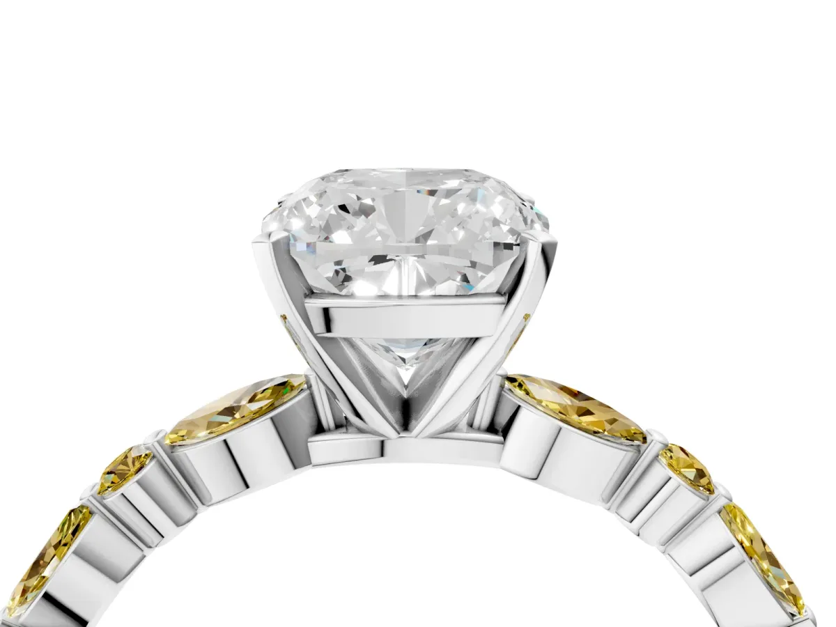 Cushion Cut Diamond Ring with Marquise and Round Yellow Sapphire Side Stones and Four-Prong Setting Platinum