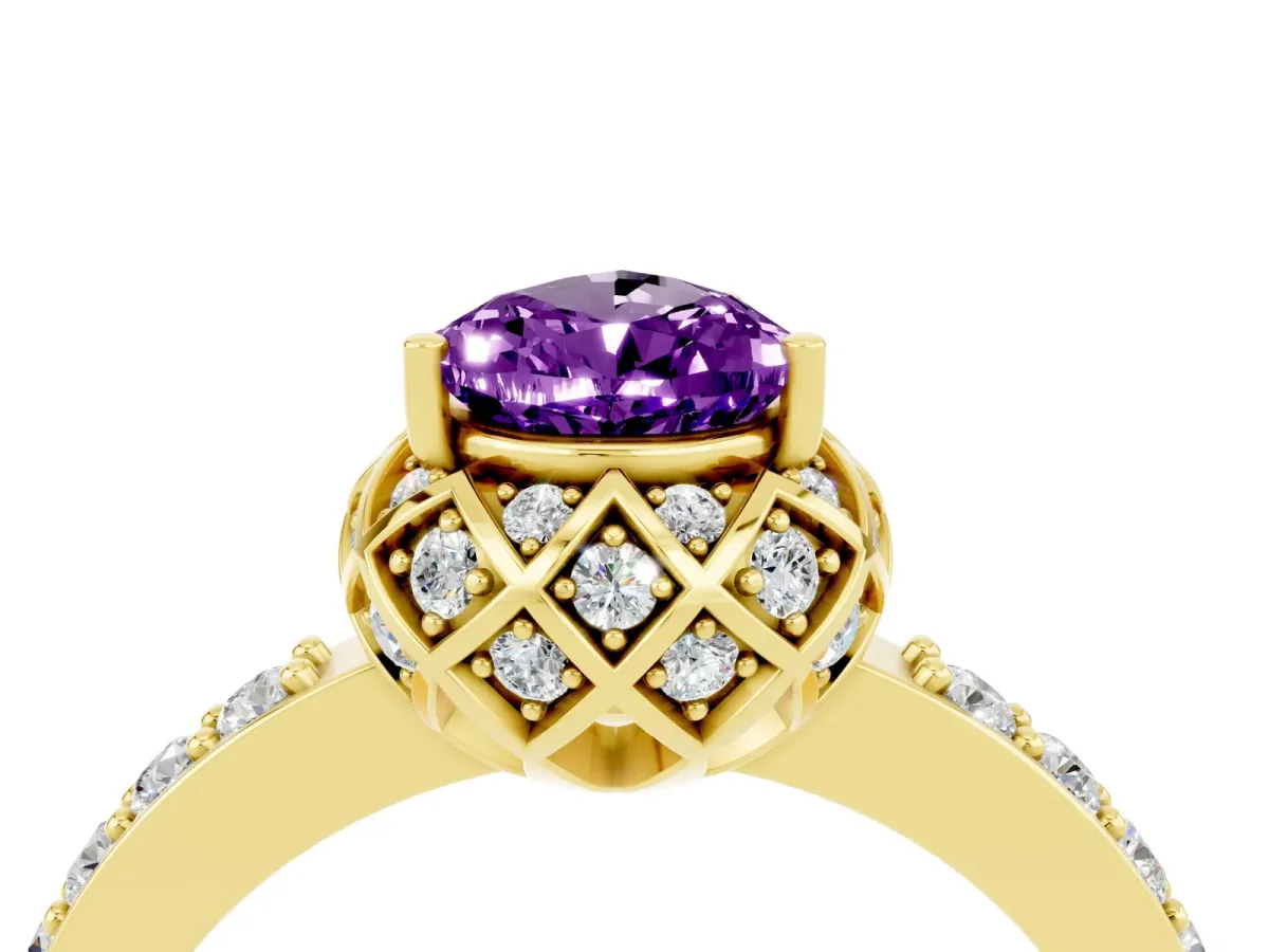 Pear Cut Amethyst Scalloped Halo Engagement Ring with Round Shared Prong Band Yellow gold