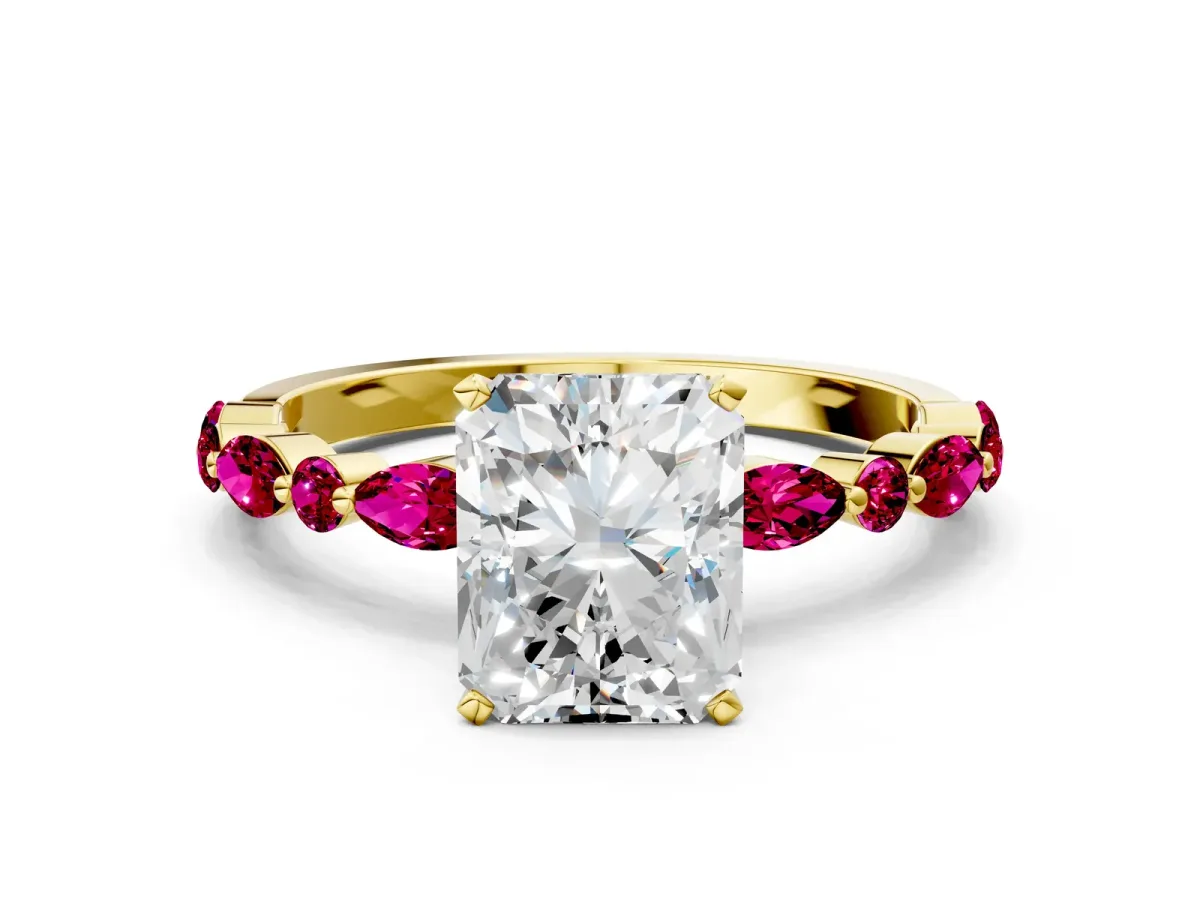 Radiant Cut Diamond Ring with Marquise and Round Garnet Side Stones and Four-Prong Setting Yellow gold