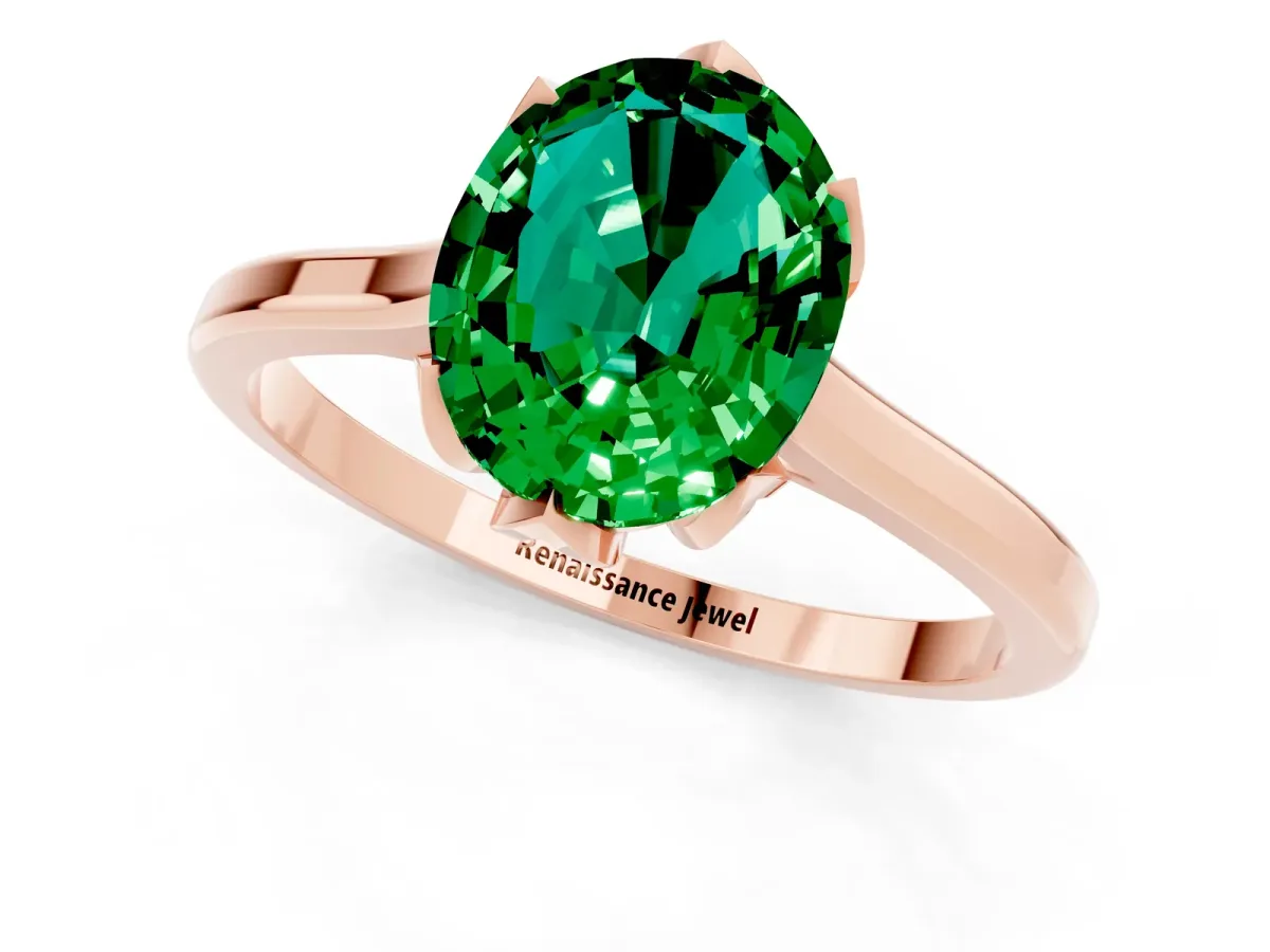 Oval Cut Emerald Solitaire Ring with Flower Prong Setting and Classic Band Rose gold