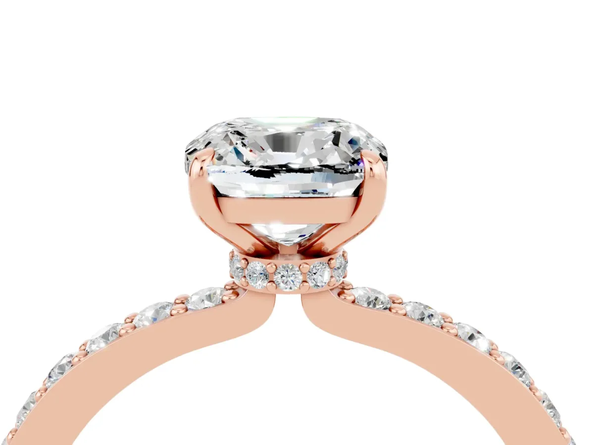 Cushion Cut Moissanite Solitaire Engagement Ring with Pavé Band and Four-Prong Setting Rose gold