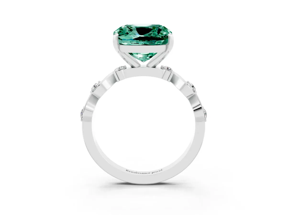 Cushion Cut Green Sapphire Solitaire Twisted Band with Round Accents and Prong Setting Platinum