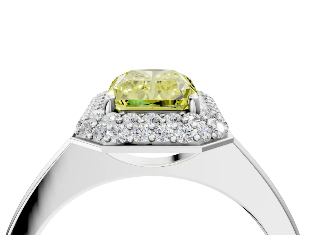 Fancy Yellow Radiant Cut Halo Diamond Engagement Ring with Solitaire Band and Four-Prong Setting Platinum