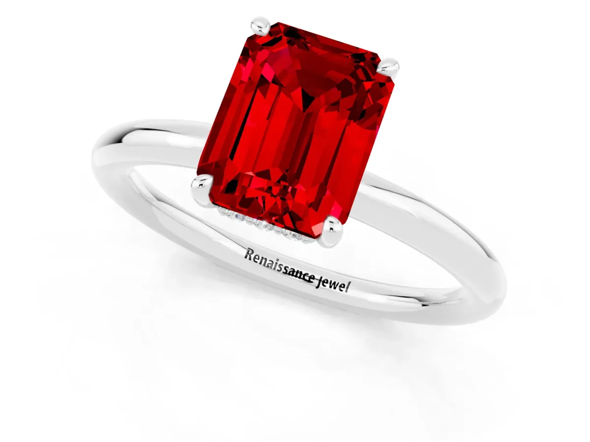 Emerald Cut Ruby Solitaire Ring with Thin Band and Four-Prong Setting White gold