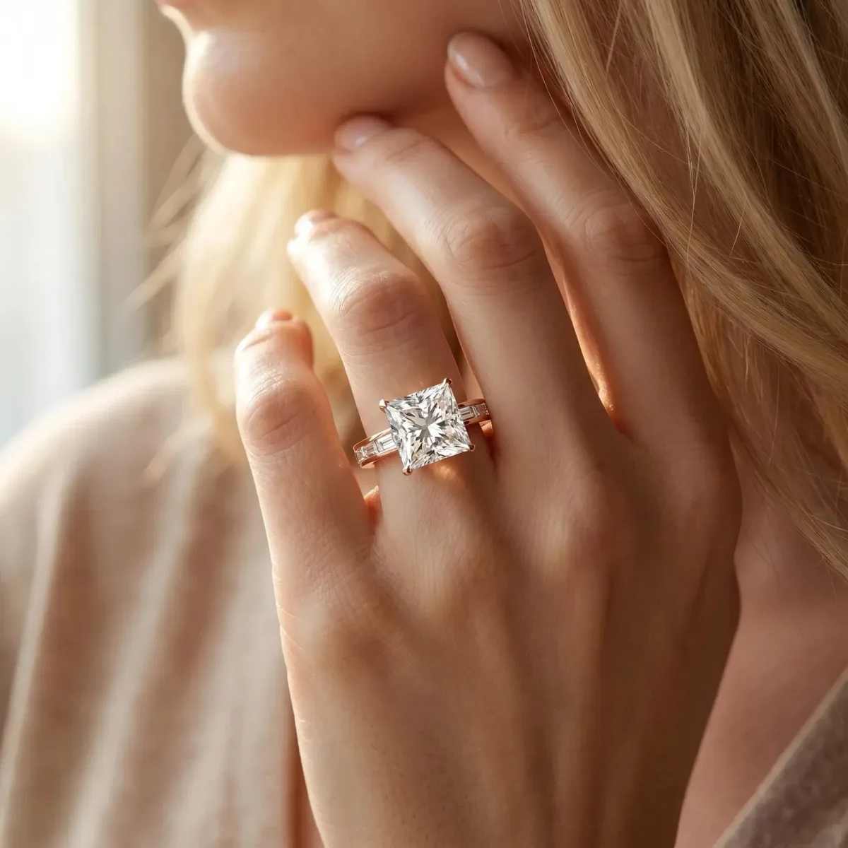 Princess Cut Solitaire Diamond Ring with Channel-Set Baguette Band and Four-Prong Setting Rose gold