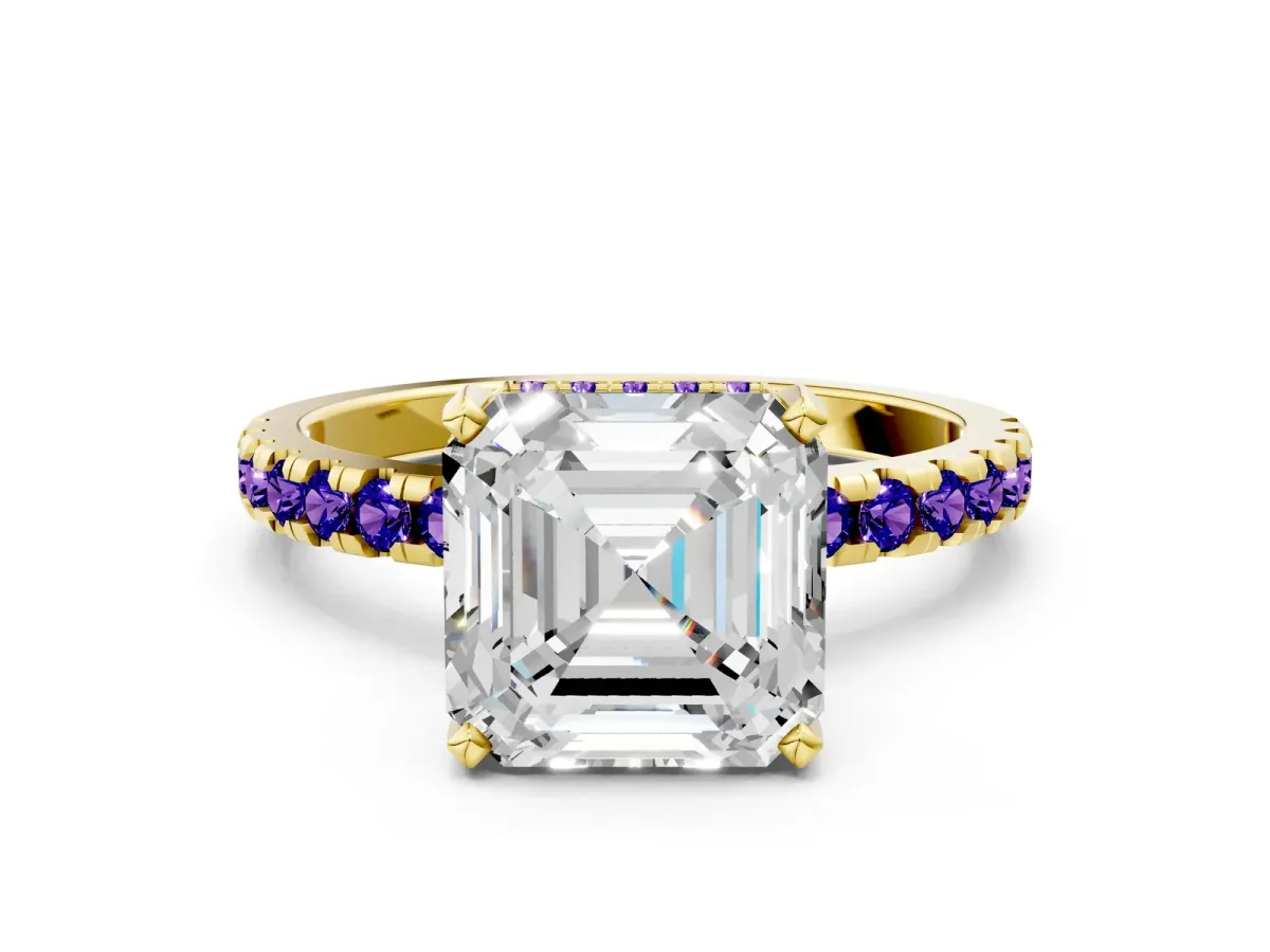 Asscher Cut Diamond Solitaire Ring with Round Tanzanite Pavé Band and Four-Prong Setting Yellow gold
