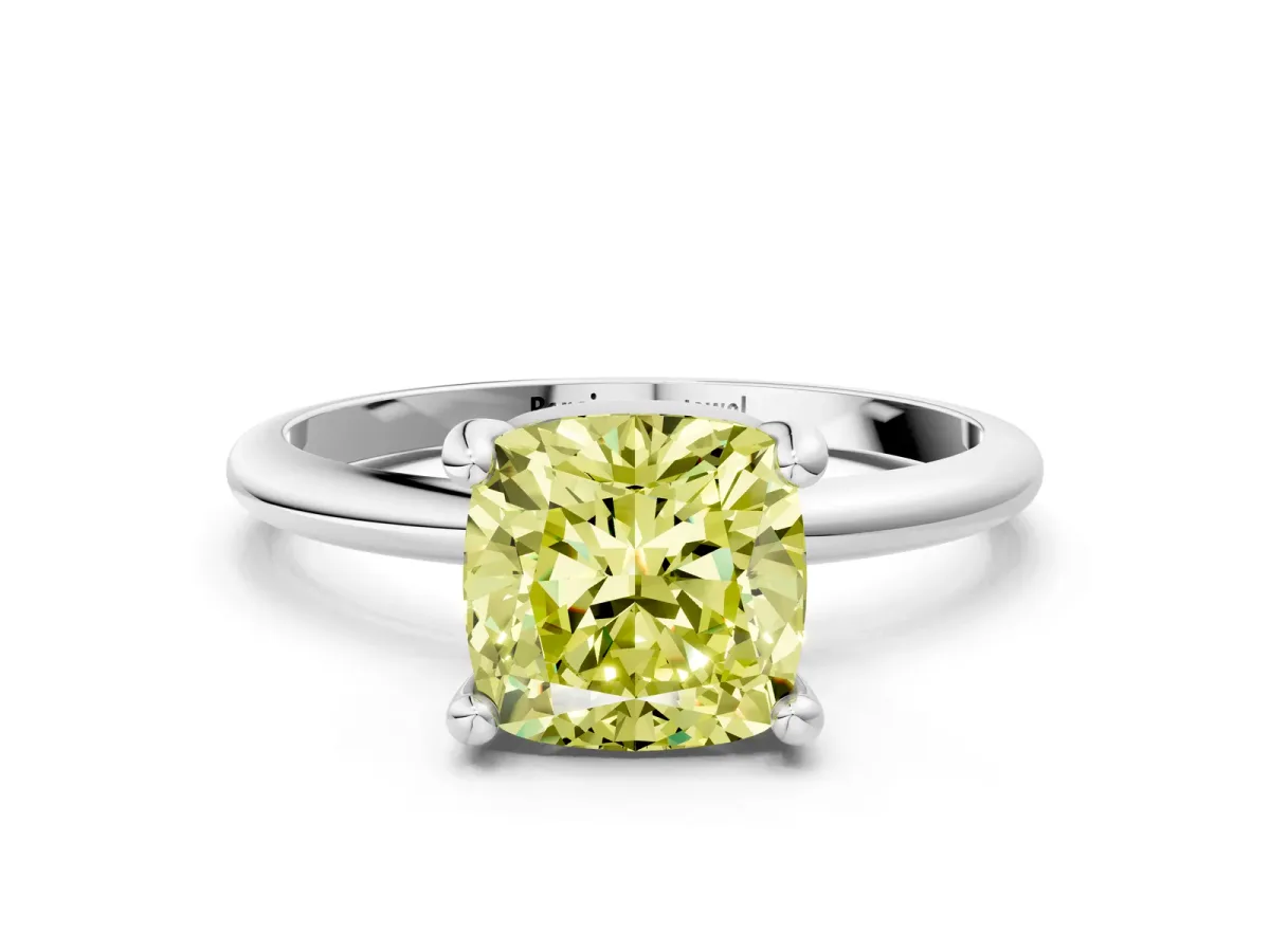Fancy Yellow Cushion Cut Solitaire Diamond Ring with 4-Prong Setting on a Classic Band Silver