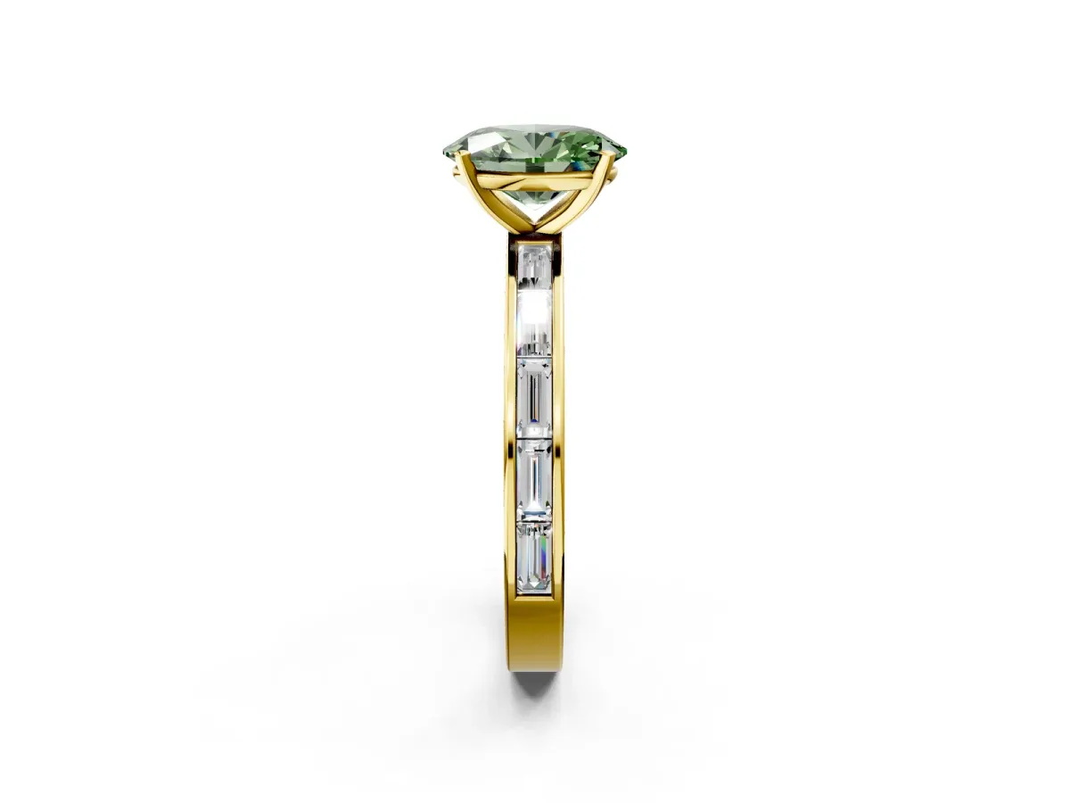 Fancy Green Oval Cut Solitaire Diamond Ring with Channel-Set Baguette Band and Four-Prong Setting Yellow gold