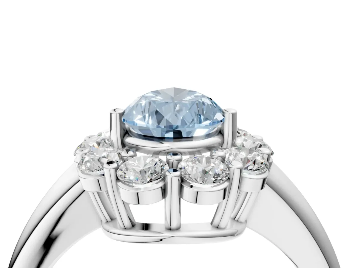 Fancy Blue Pear Cut Halo Cluster Diamond Engagement Ring with Prong Setting and Polished Band White gold
