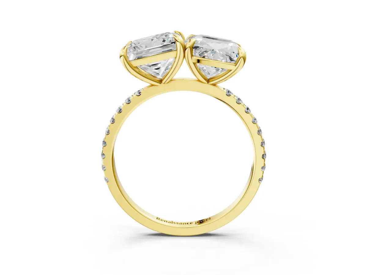 Cushion and Princess Toi Moi Ring with Prong Setting and Pave Band Yellow gold