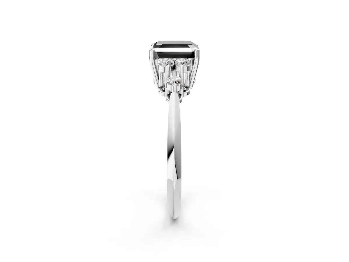 Fancy Black Asscher Cut Cut Diamond Cluster Ring with Solitaire Band and Four-Prong Setting Platinum
