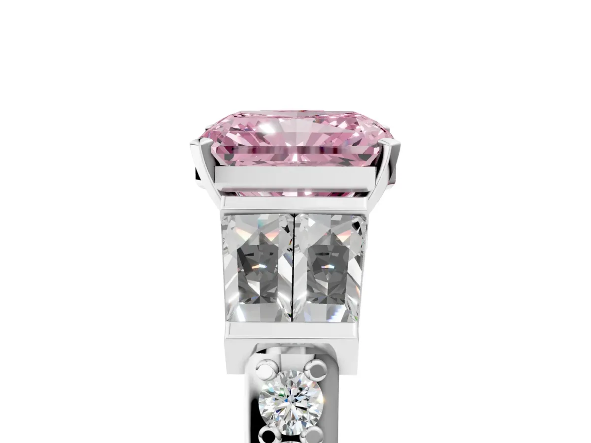 Fancy Pink Radiant Cut Diamond Engagement Ring with Baguette Side Stones and Channel Set Band Platinum