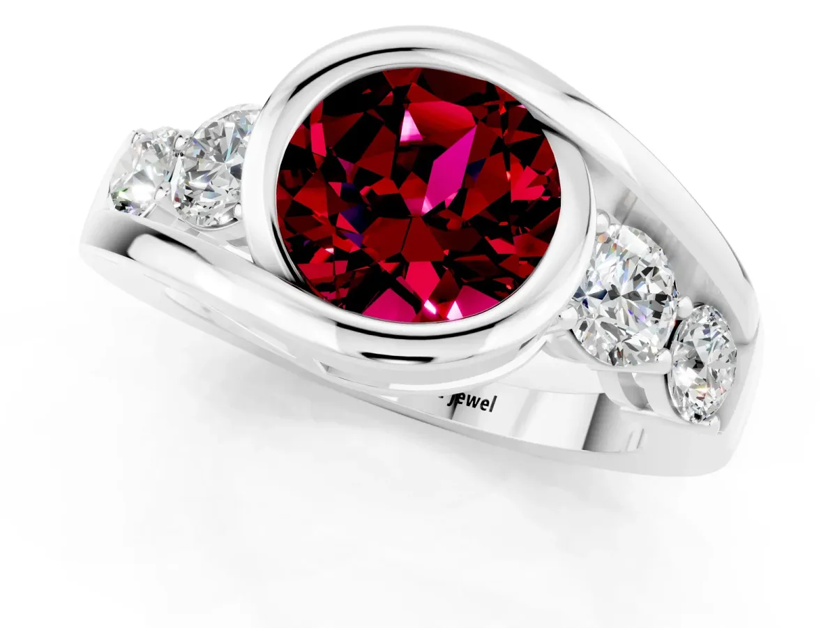 Bezel Set Round Cut Garnet Bypass Ring with Round Accents Silver