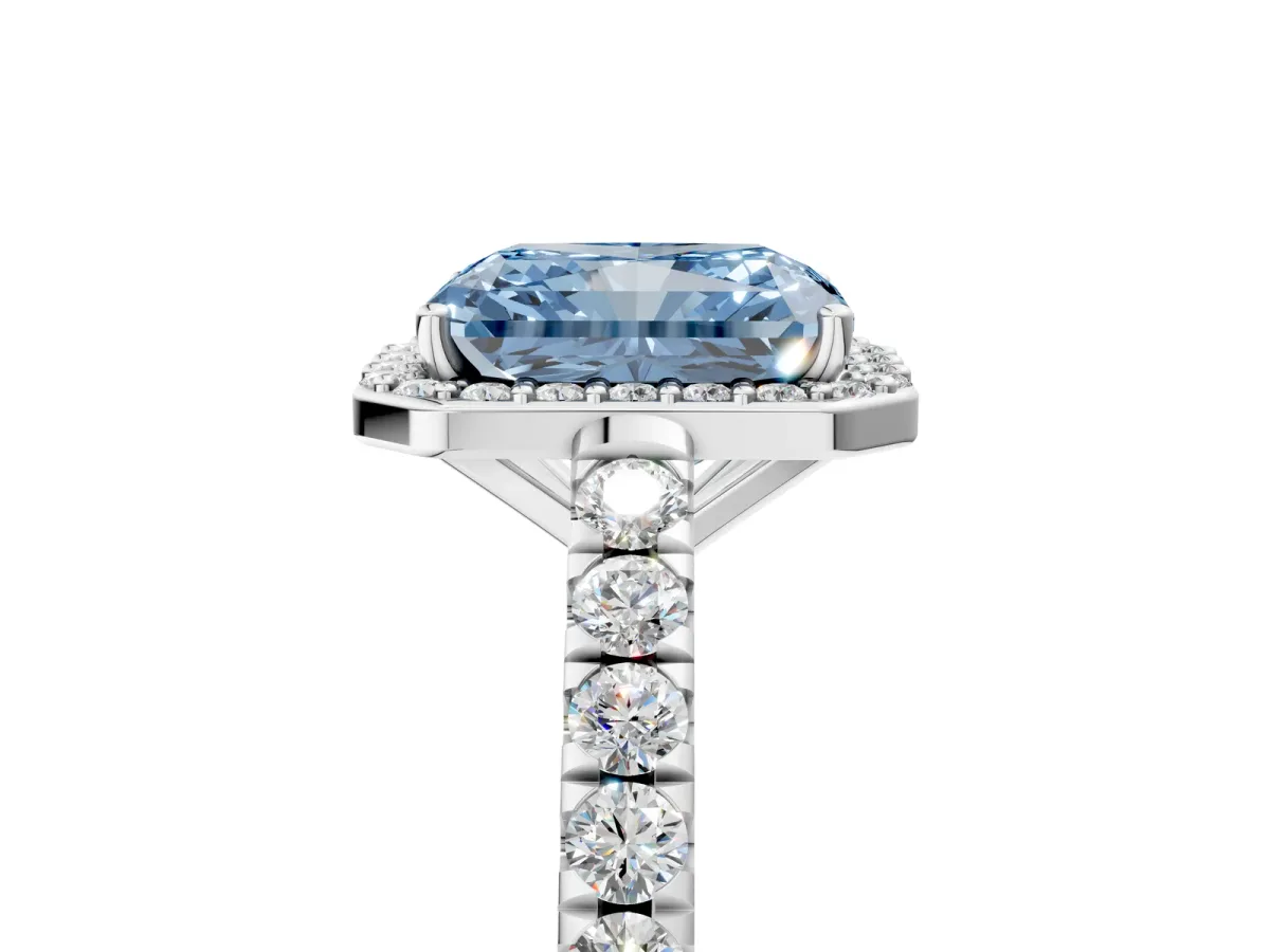 Fancy Blue Radiant Cut Cut Halo Diamond Engagement Ring with Pave Band and Four-Prong Setting Platinum