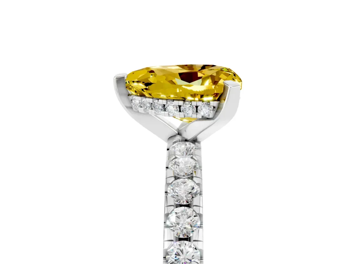 Heart Cut Yellow Sapphire Solitaire Ring with Round Pavé Band and Four-Prong Setting White gold