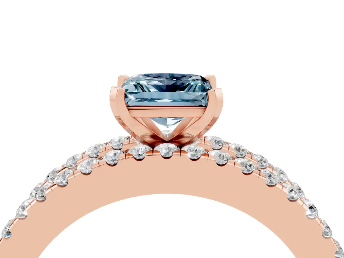 Princess Cut Aquamarine Solitaire Ring with Pavé and Channel Set Band Rose gold