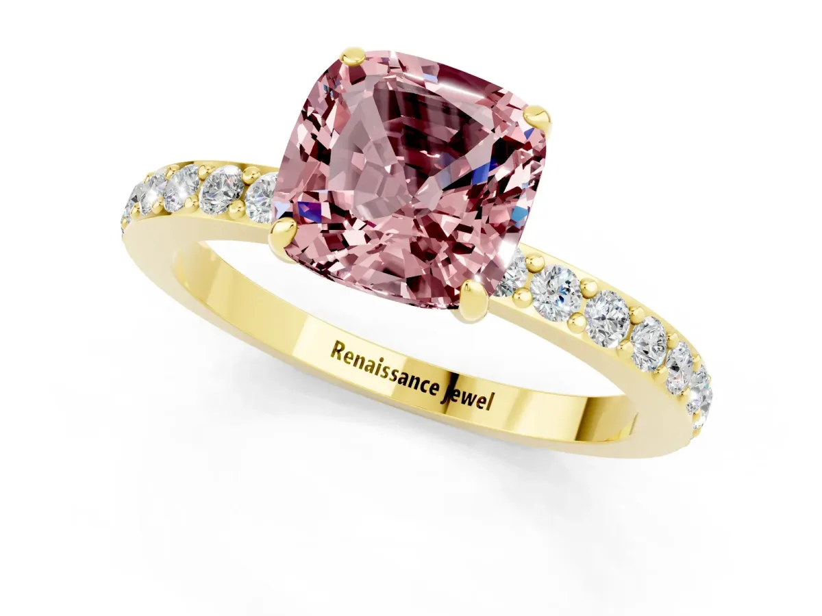 Cushion Cut Morganite Solitaire Engagement Ring with Pavé Band and Four-Prong Setting Yellow gold