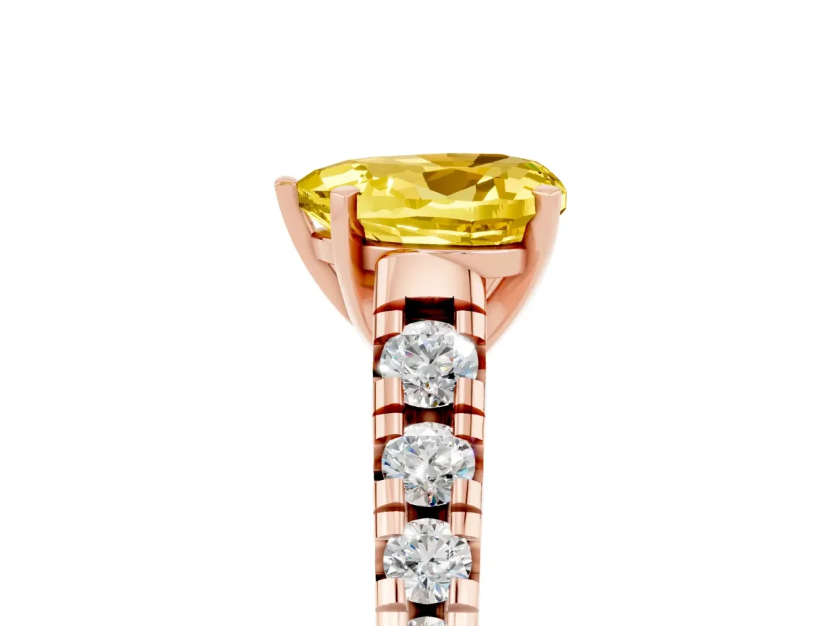 Heart Cut Yellow Sapphire Cathedral Solitaire Ring with Round Pavé Band Rose gold