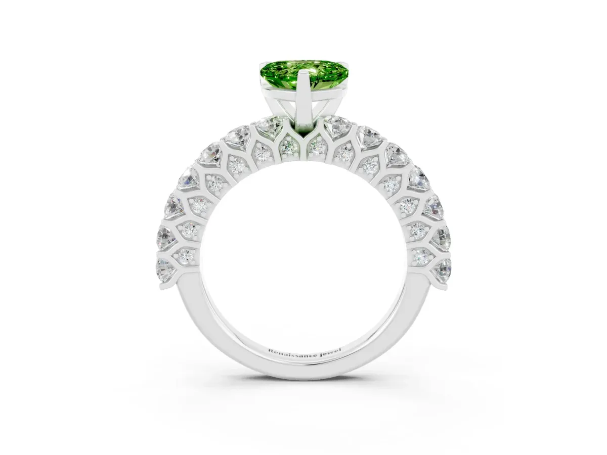 Heart Cut Peridot Solitaire Ring with Shared Prong Pavé Band and Four-Prong Setting Silver