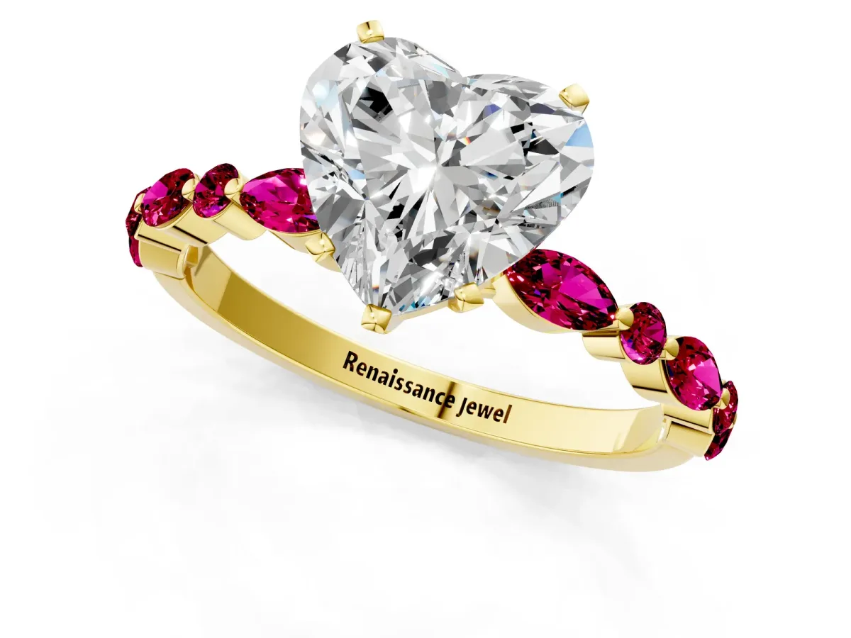 Heart Cut Diamond Ring with Marquise and Round Garnet Side Stones and Four-Prong Setting Yellow gold