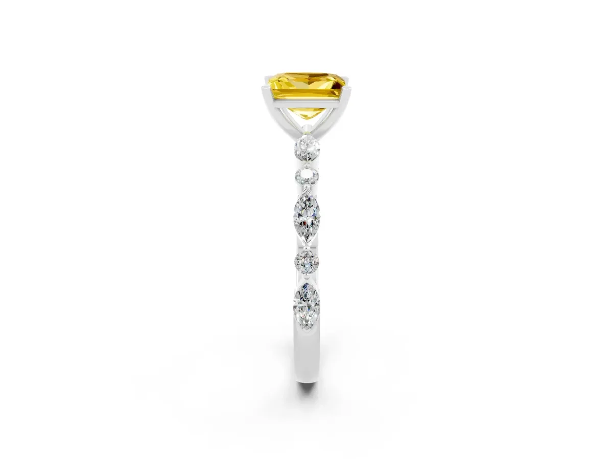 Princess Cut Yellow Sapphire Ring with Marquise and Round Side Stones and Four-Prong Setting Platinum
